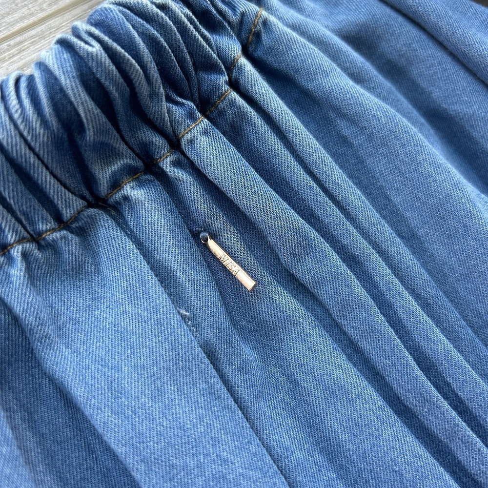 NWT Misa Los Angeles Medium Blue Denim Smocked Drop Waist Puff Sleeve Midi Dress - Picture 5 of 12